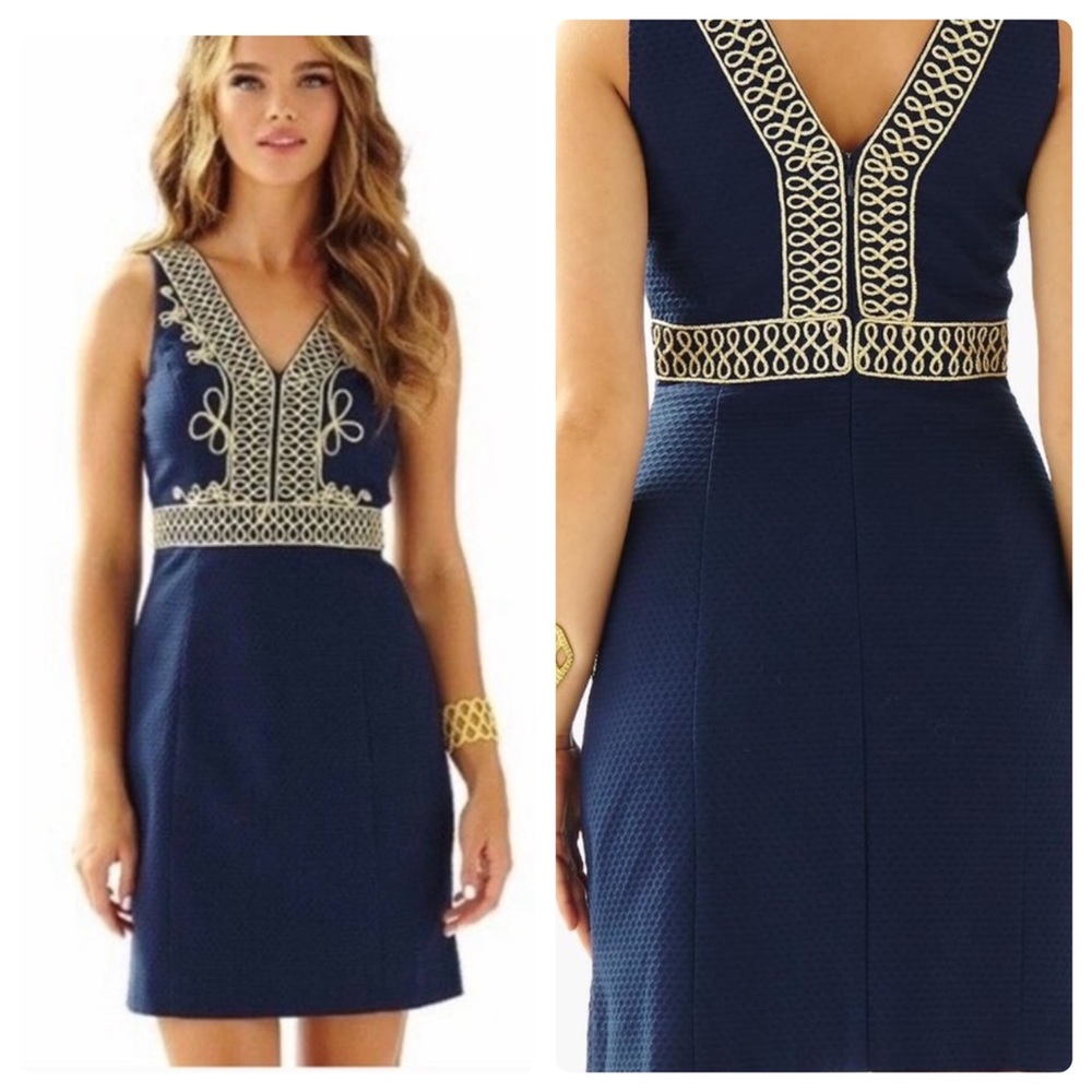 Lilly Pulitzer Aveline Shift Dress Size 4 in Navy Blue with gold accents